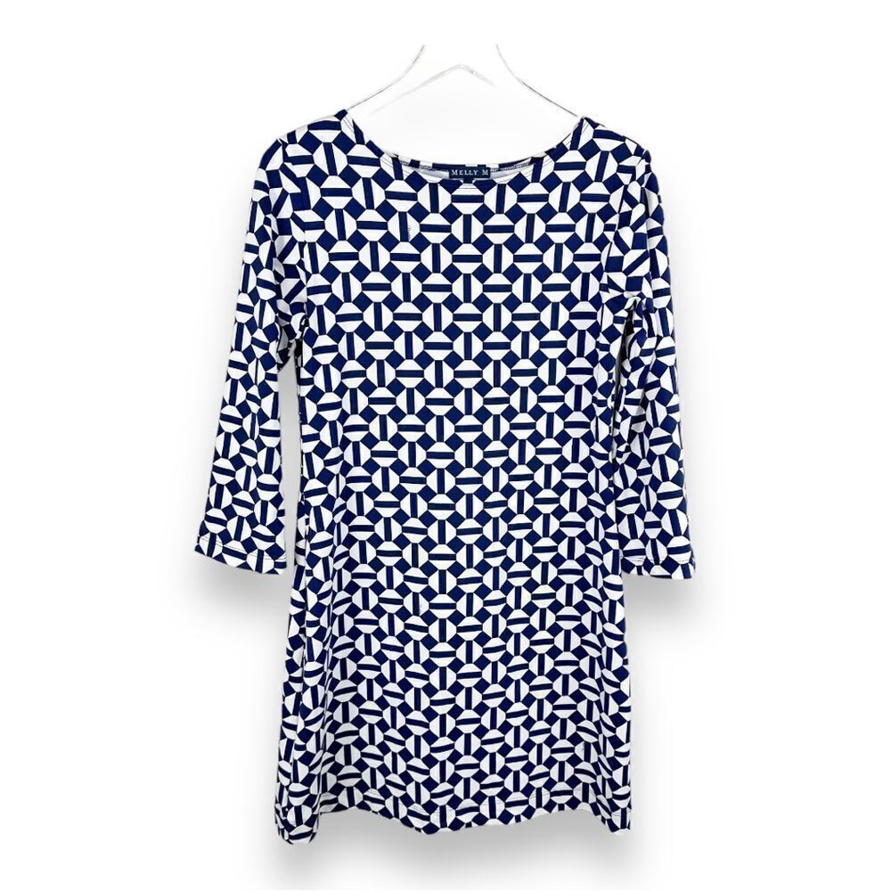 Melly M Womens  Blue/White Boatneck Cayman Shift‎ Dress 3/4 Sleeve Sz Small